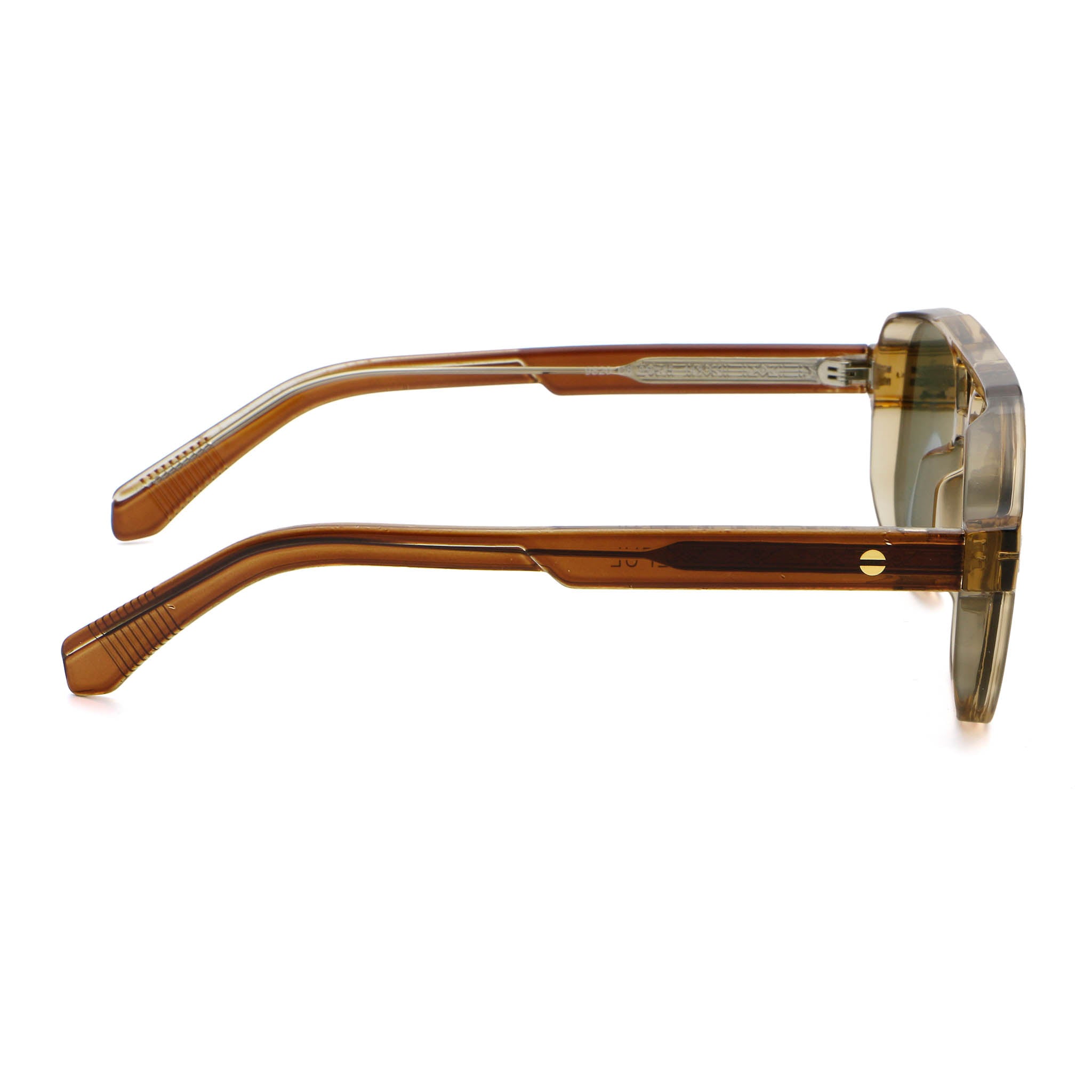 Sunglasses with brown frame and green lenses on a white background