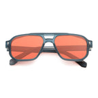 Sunglasses with red lenses and blue frame on a white background