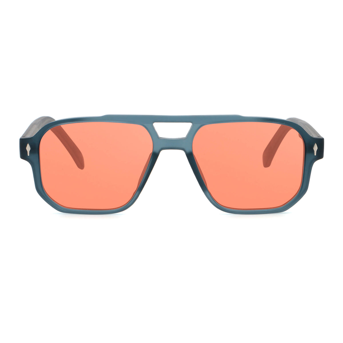 Sunglasses with blue frame and red lenses on a white background Main image