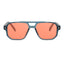 Sunglasses with blue frame and red lenses on a white background