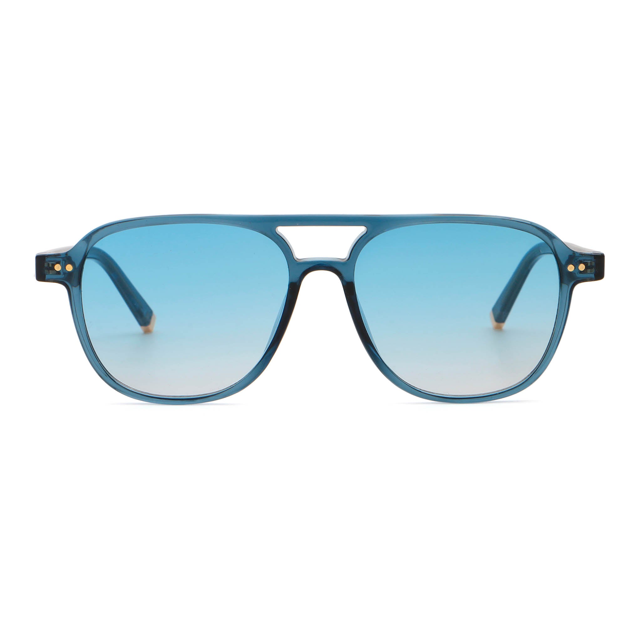A pair of transparent blue frame sunglasses with blue lenses on a white background, Main image
