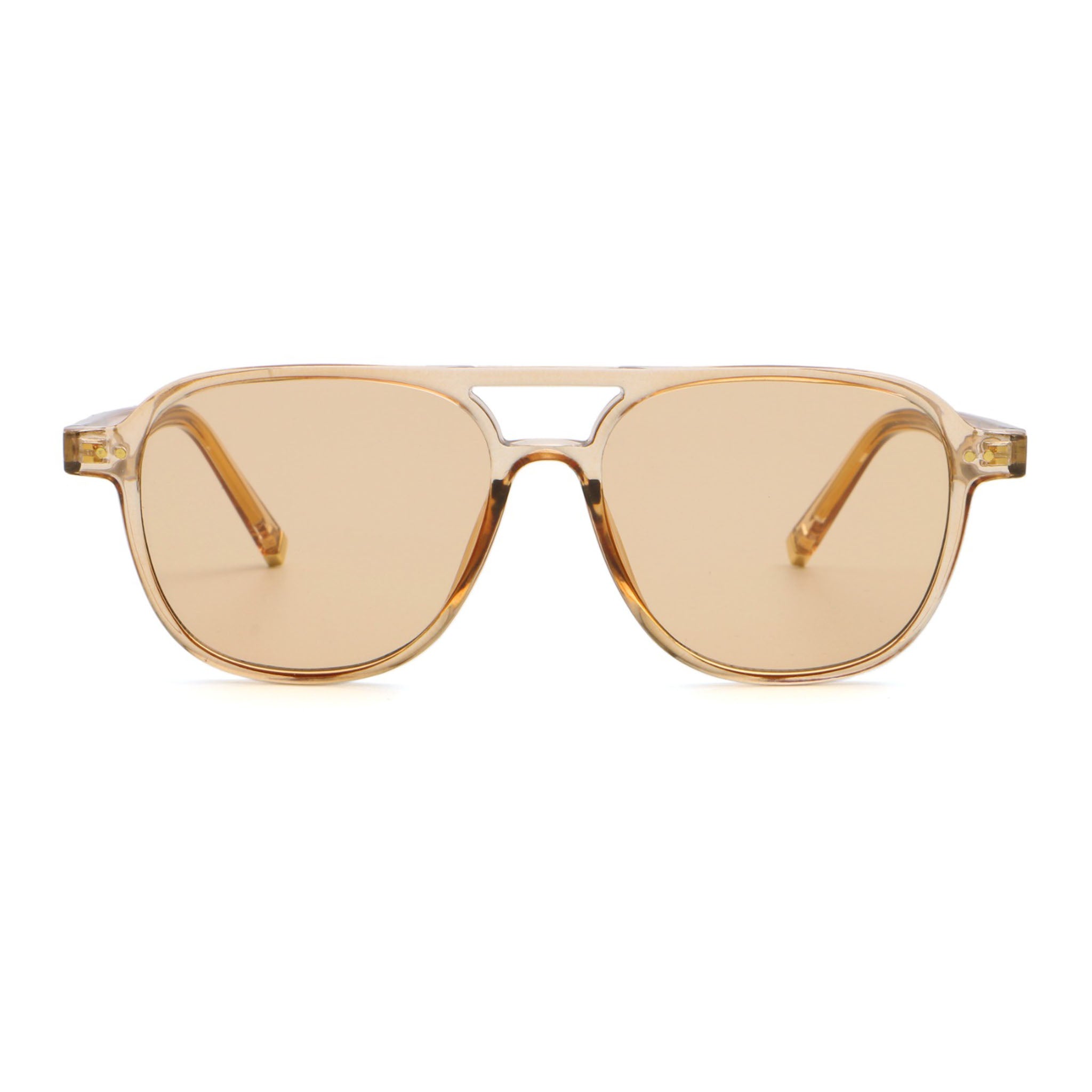 A pair of transparent brown framed sunglasses with brown lenses on a white background, Main image