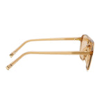 A pair of transparent brown frame sunglasses with brown lenses on a white background,