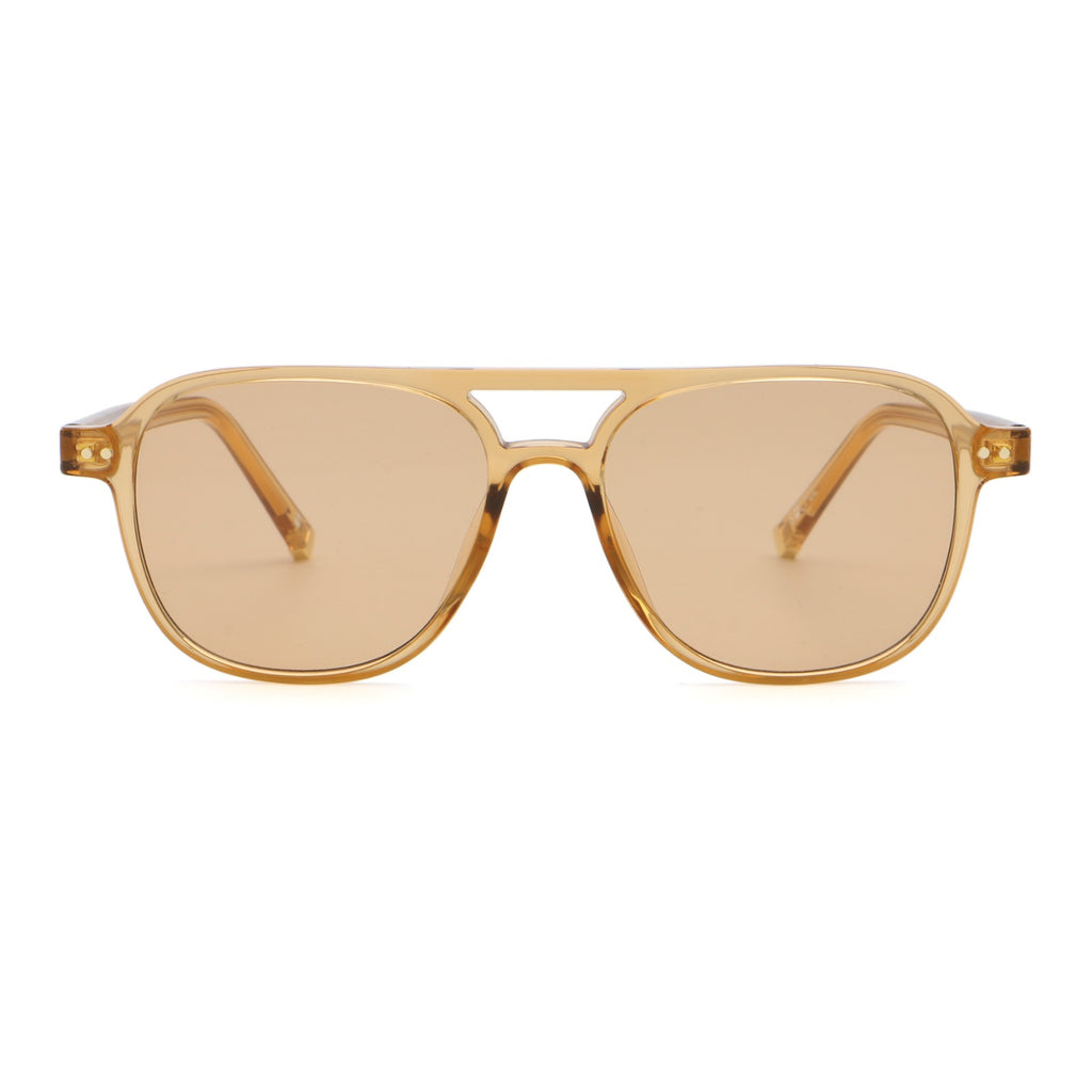 A pair of transparent brown frame sunglasses with brown lenses on a white background,