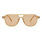 A pair of transparent brown frame sunglasses with brown lenses on a white background,