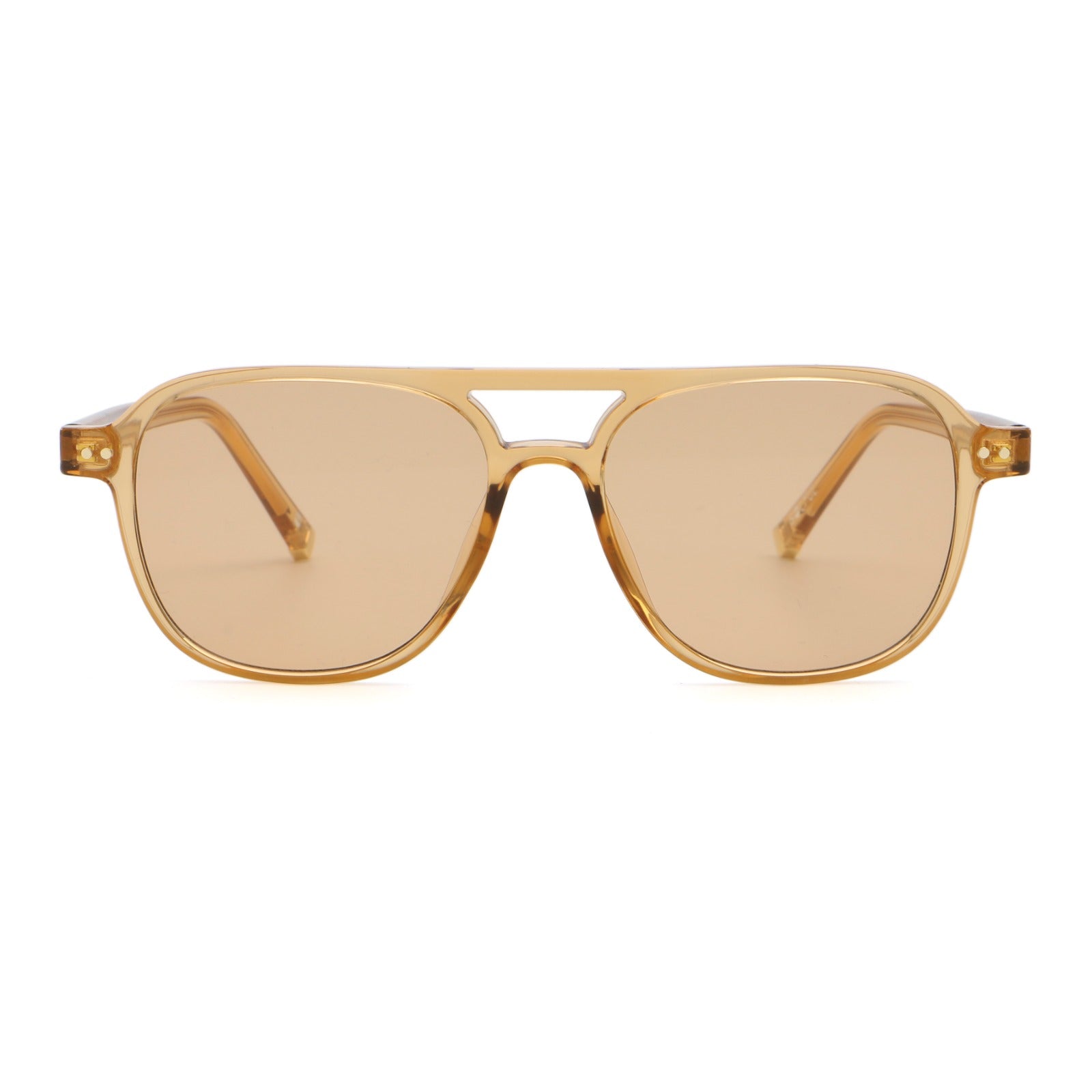 A pair of transparent brown frame sunglasses with brown lenses on a white background,