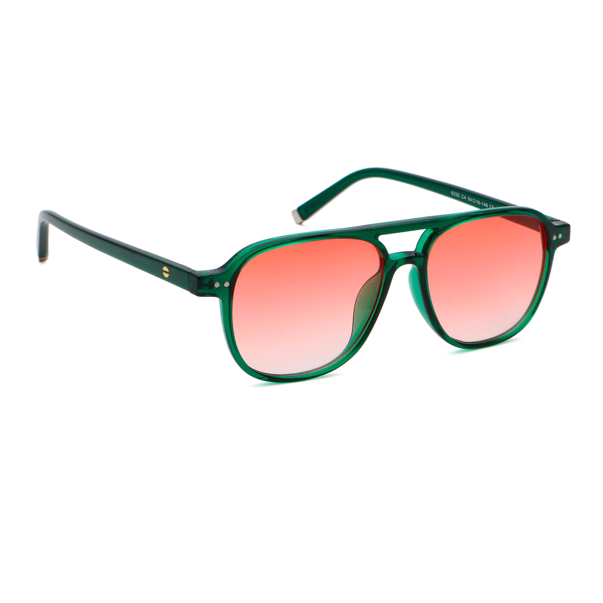 A pair of transparent red frame sunglasses with red lenses on a white background,