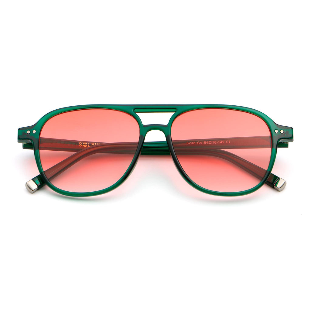 A pair of transparent red frame sunglasses with red lenses on a white background,