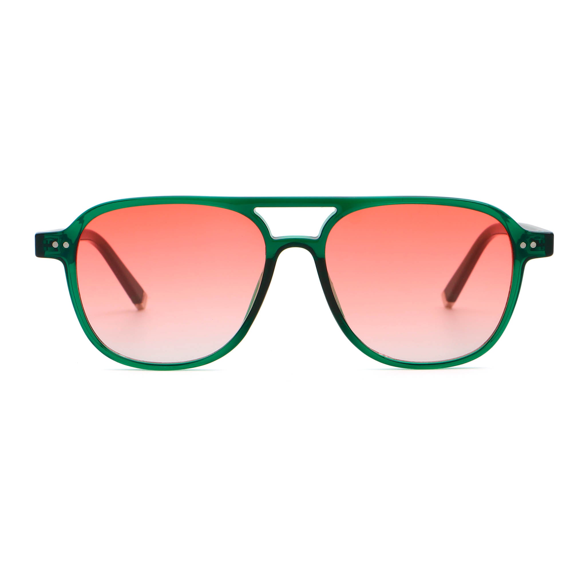 A pair of transparent red frame sunglasses with red lenses on a white background, Main image