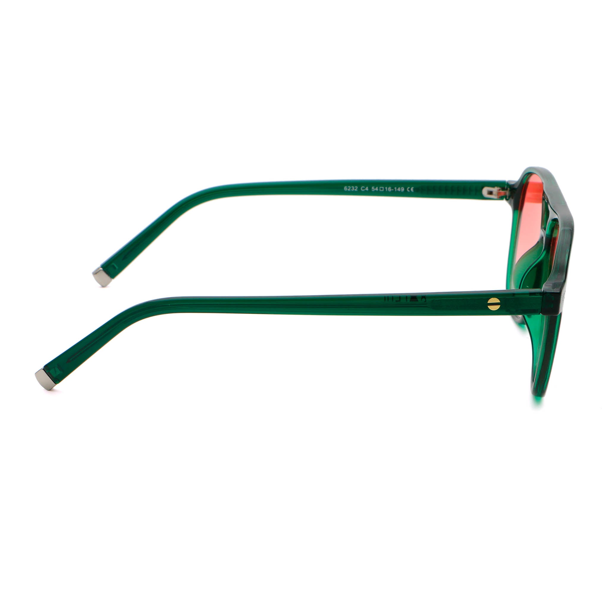 A pair of transparent red frame sunglasses with red lenses on a white background,