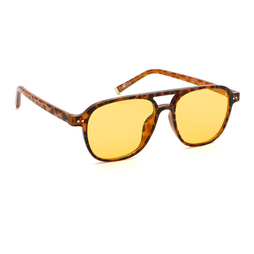 Sunglasses with tortoiseshell frame and yellow lenses on a white background.