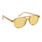 A pair of transparent yellow frame sunglasses with yellow lenses on a white background,