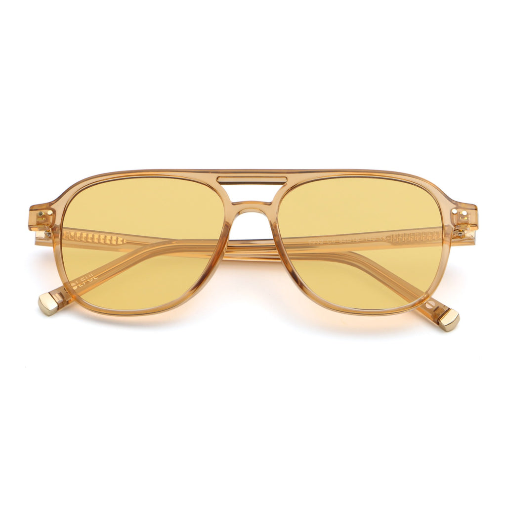 A pair of transparent yellow frame sunglasses with yellow lenses on a white background,