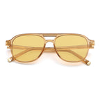 A pair of transparent yellow frame sunglasses with yellow lenses on a white background,