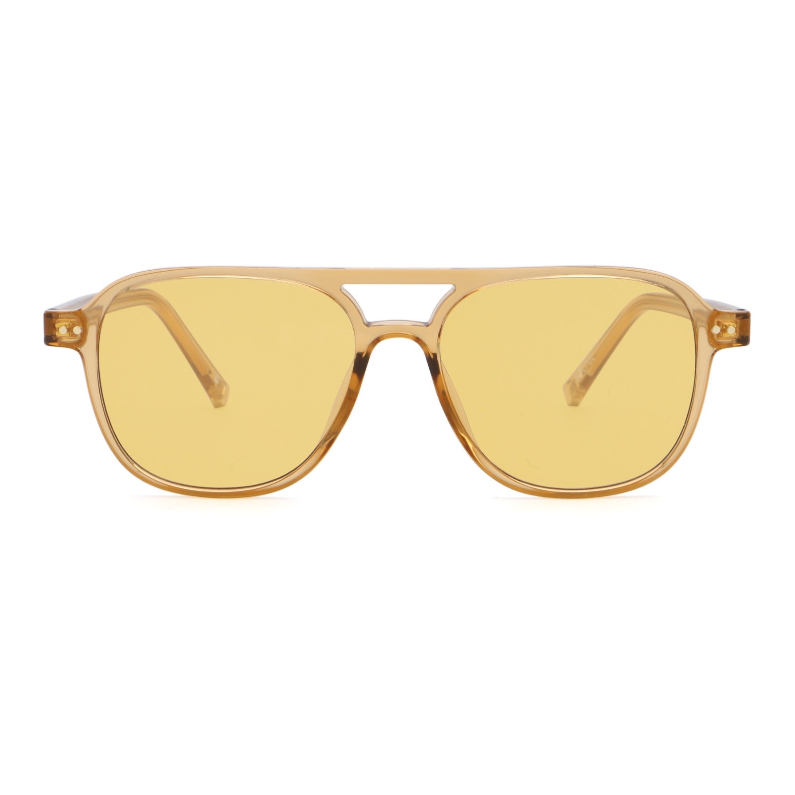 A pair of transparent yellow frame sunglasses with yellow lenses on a white background, Main image