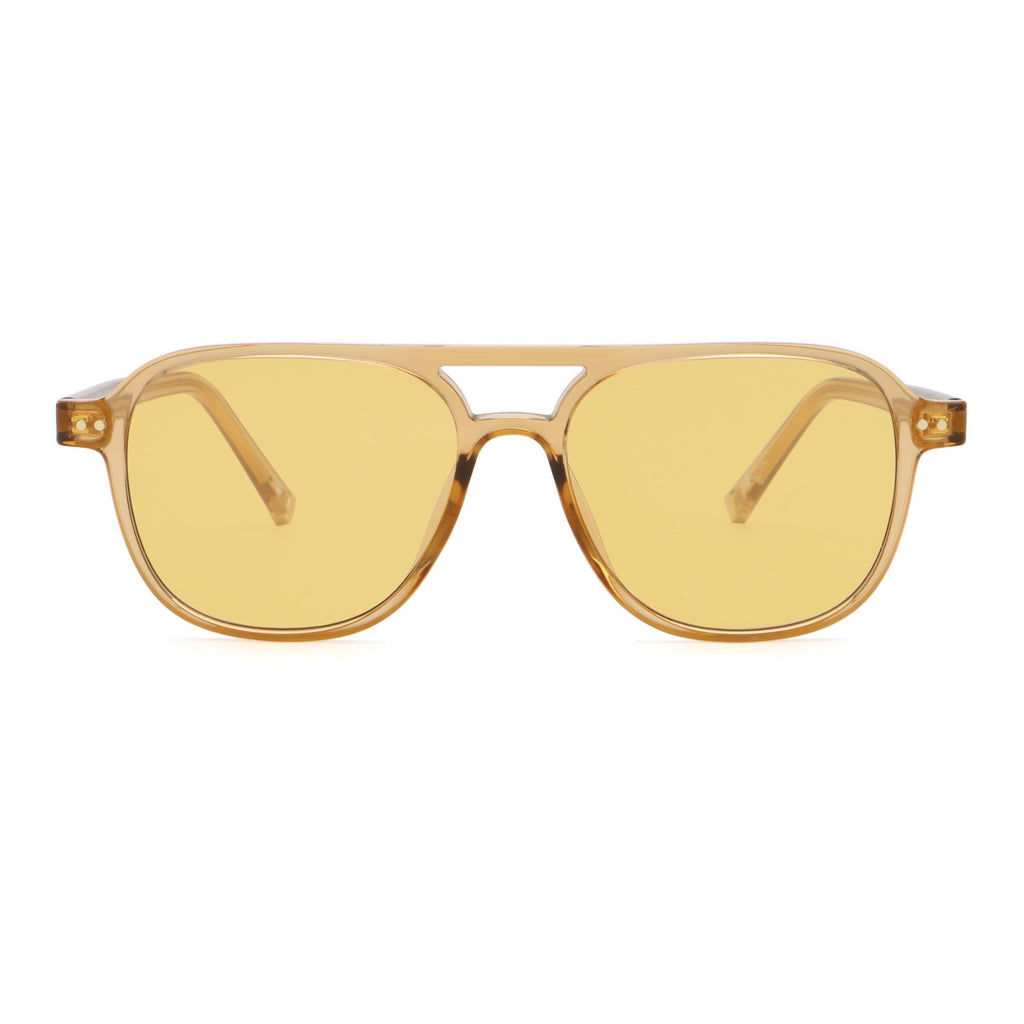 A pair of transparent yellow frame sunglasses with yellow lenses on a white background,