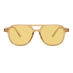 A pair of transparent yellow frame sunglasses with yellow lenses on a white background,