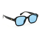 Black colour square frame sunglasses with blue lenses on white background.