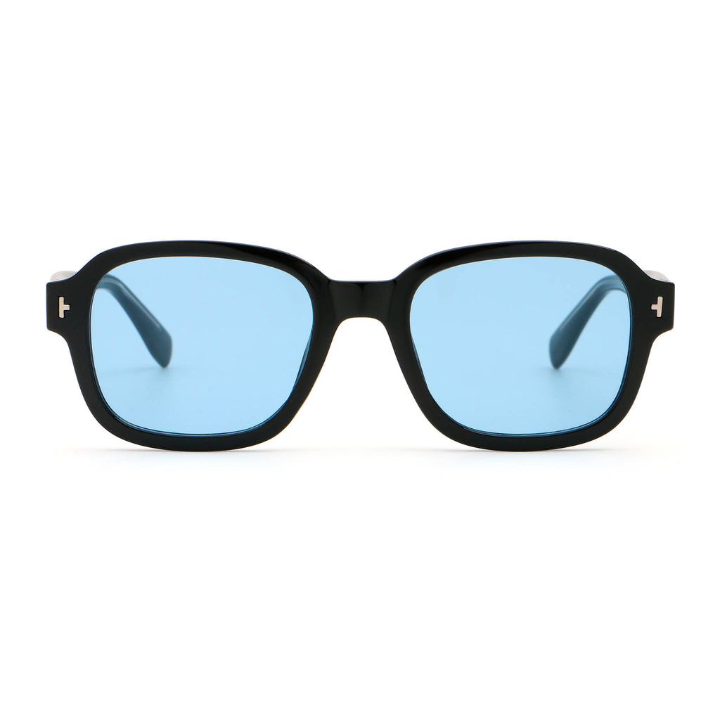 Black colour square frame sunglasses with blue lenses on white background.