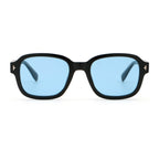 Black colour square frame sunglasses with blue lenses on white background.