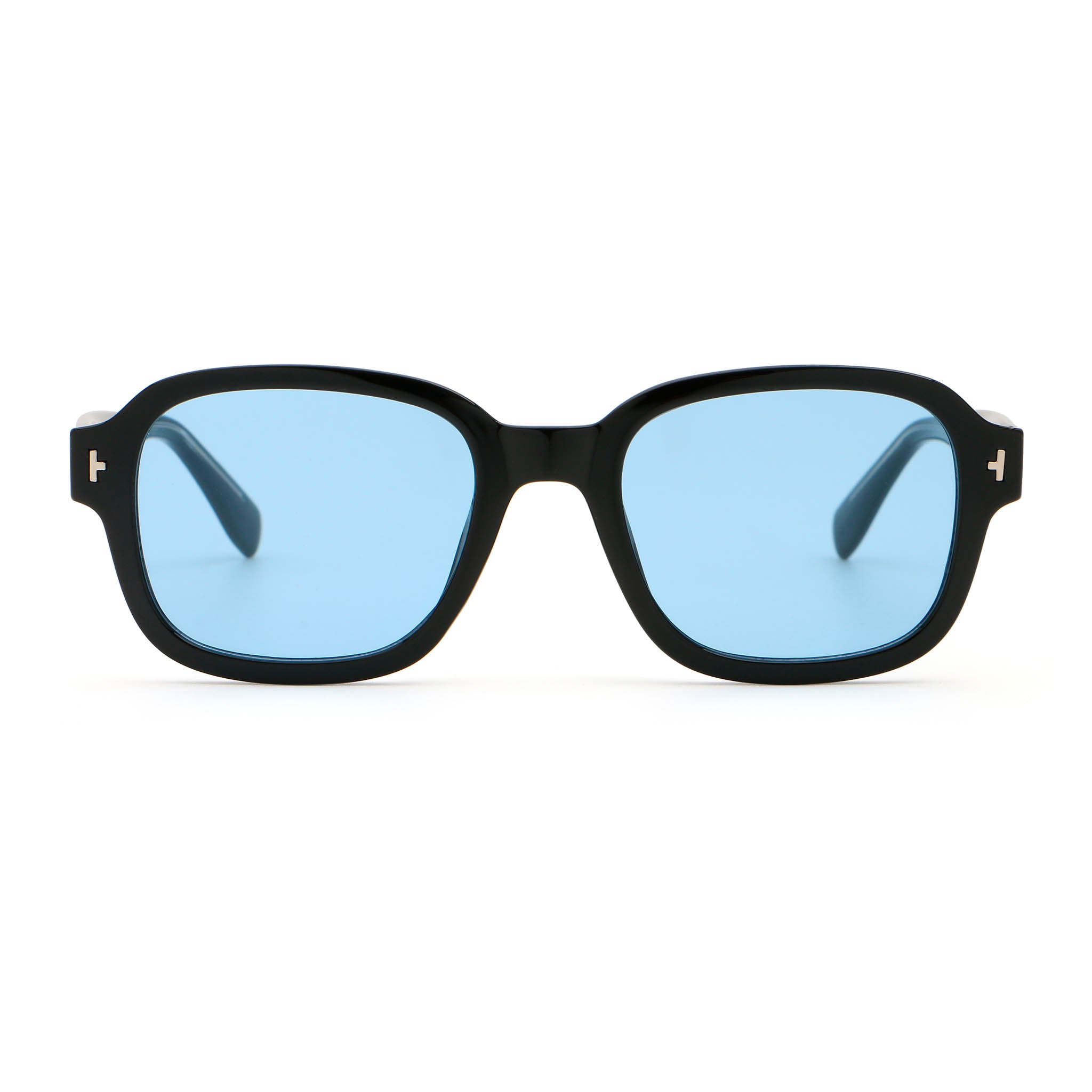 Black colour square frame sunglasses with blue lenses on white background.
