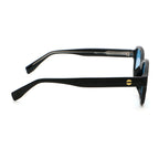 Black colour square frame sunglasses with blue lenses on white background.