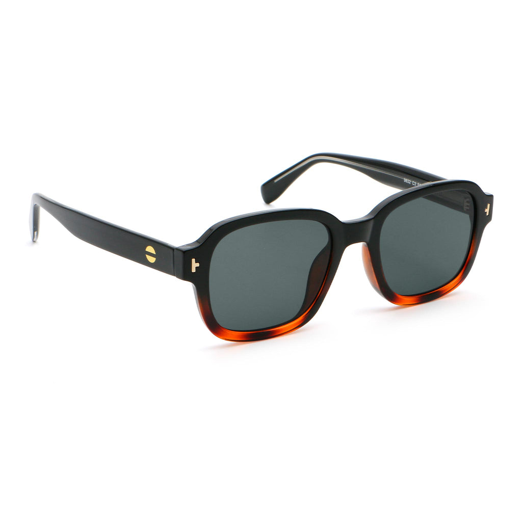 Black and tortoise colour square frame sunglasses with black lenses on white background.