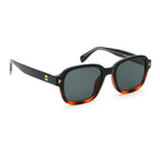 Black and tortoise colour square frame sunglasses with black lenses on white background.