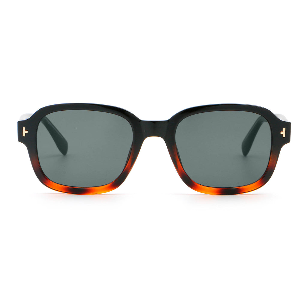 Black and tortoise colour square frame sunglasses with black lenses on white background.