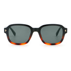 Black and tortoise colour square frame sunglasses with black lenses on white background.