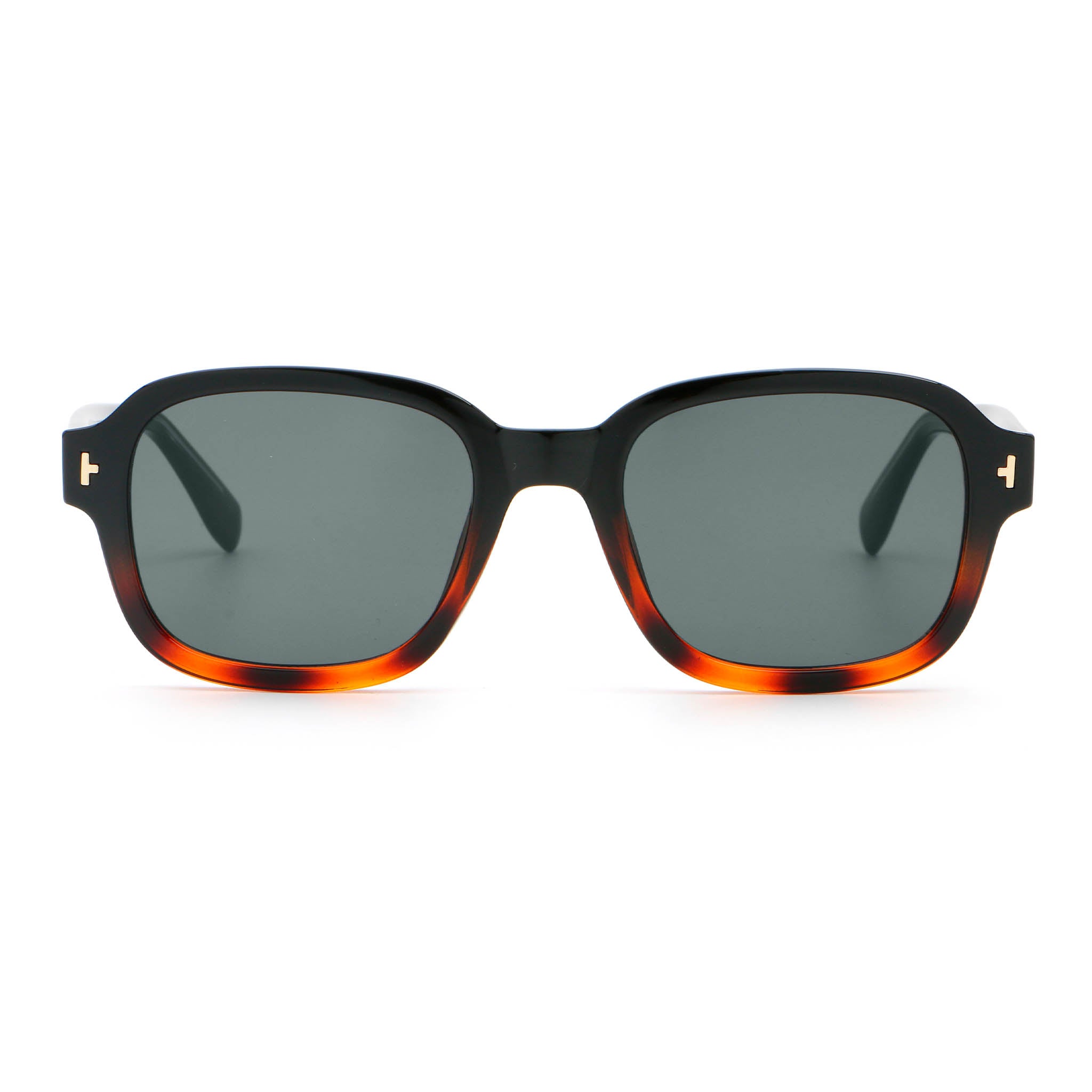 Black and tortoise colour square frame sunglasses with black lenses on white background.