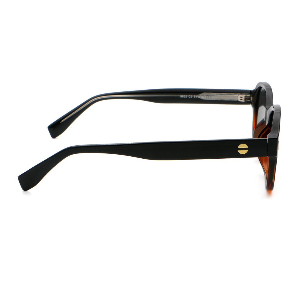 Black and tortoise colour square frame sunglasses with black lenses on white background.