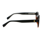 Black and tortoise colour square frame sunglasses with black lenses on white background.