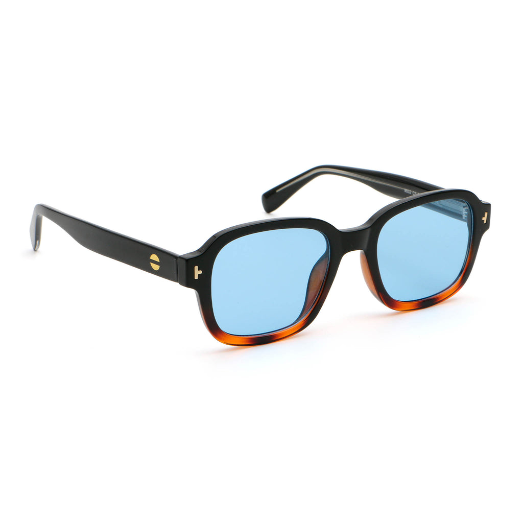 Black and tortoise colour square frame sunglasses with blue lenses on white background.