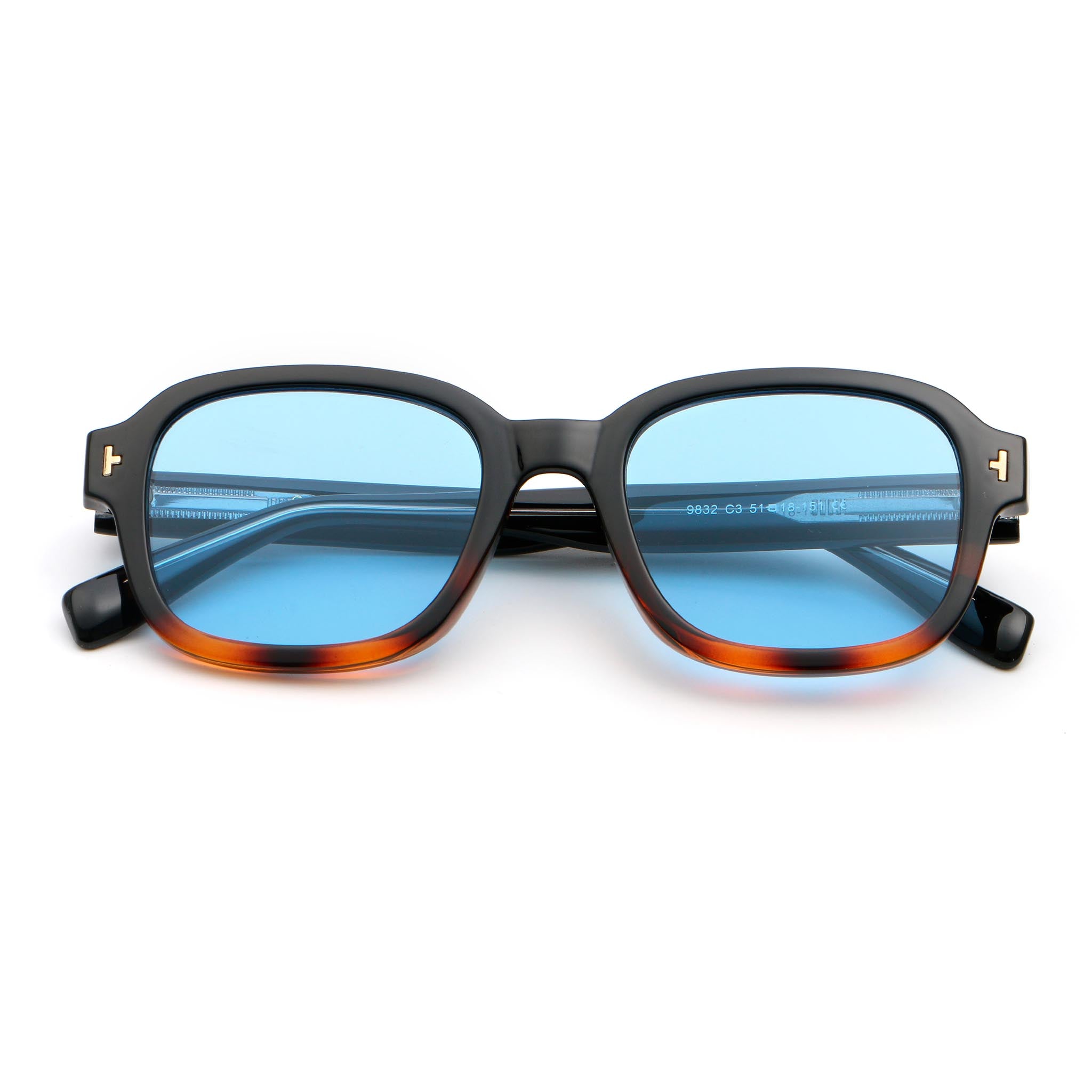 Black and tortoise colour square frame sunglasses with blue lenses on white background.