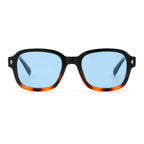 Black and tortoise colour square frame sunglasses with blue lenses on white background.