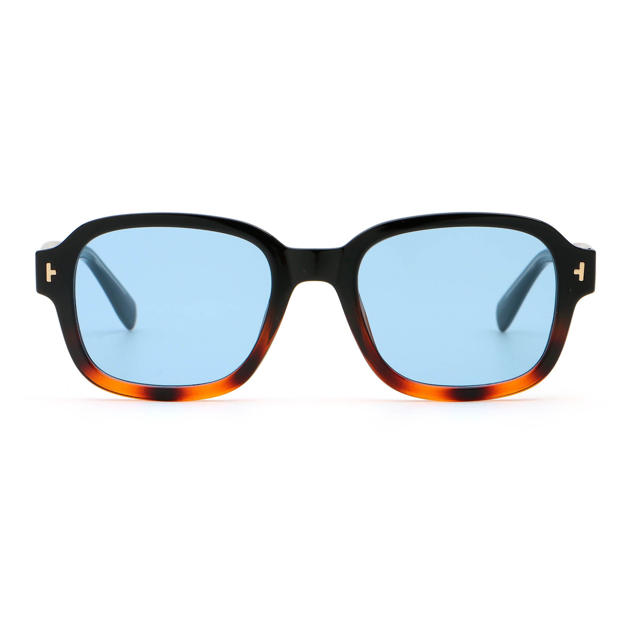 Black and tortoise colour square frame sunglasses with blue lenses on white background.