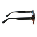 Black and tortoise colour square frame sunglasses with blue lenses on white background.