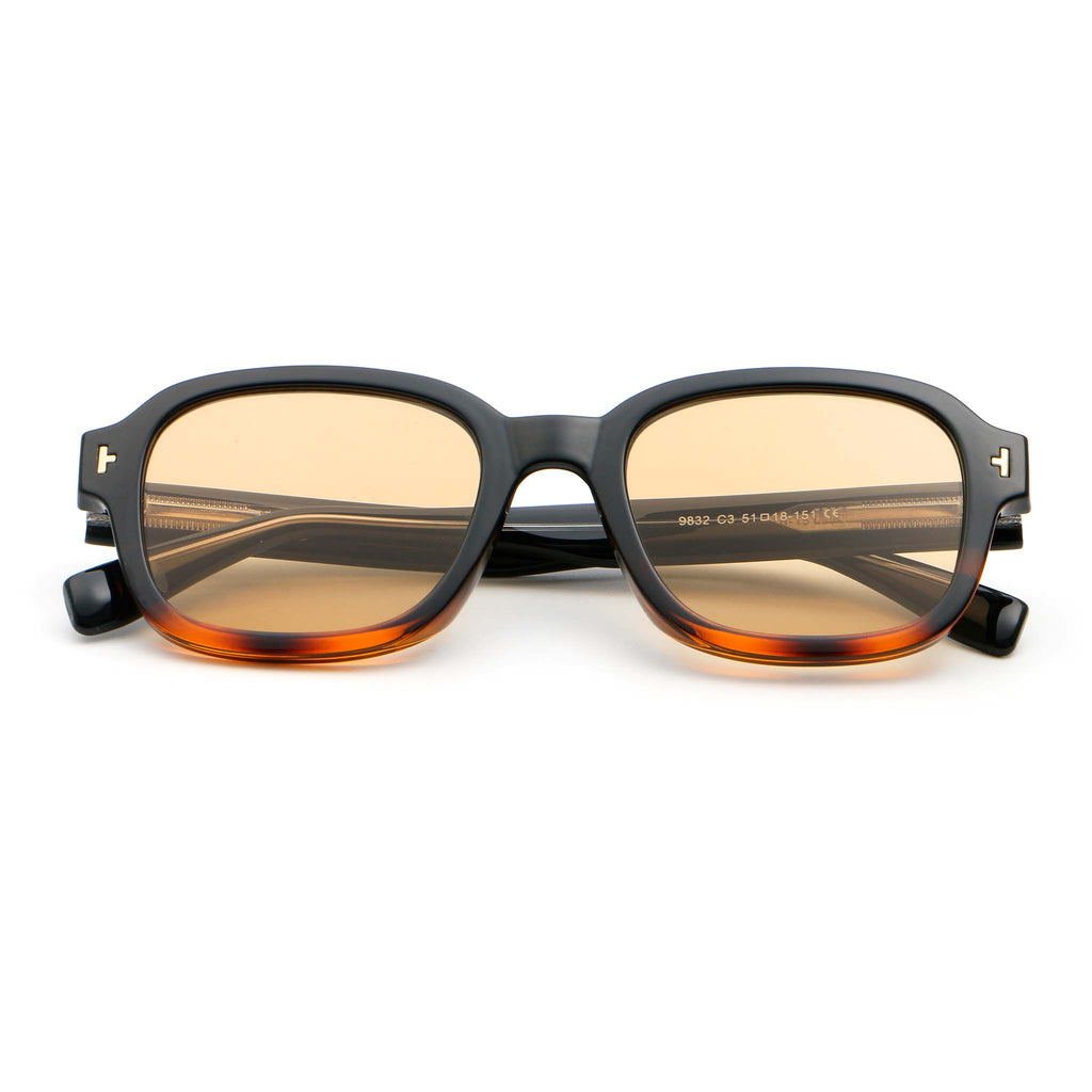 Black and tortoise colour square frame sunglasses with brown lenses on white background.