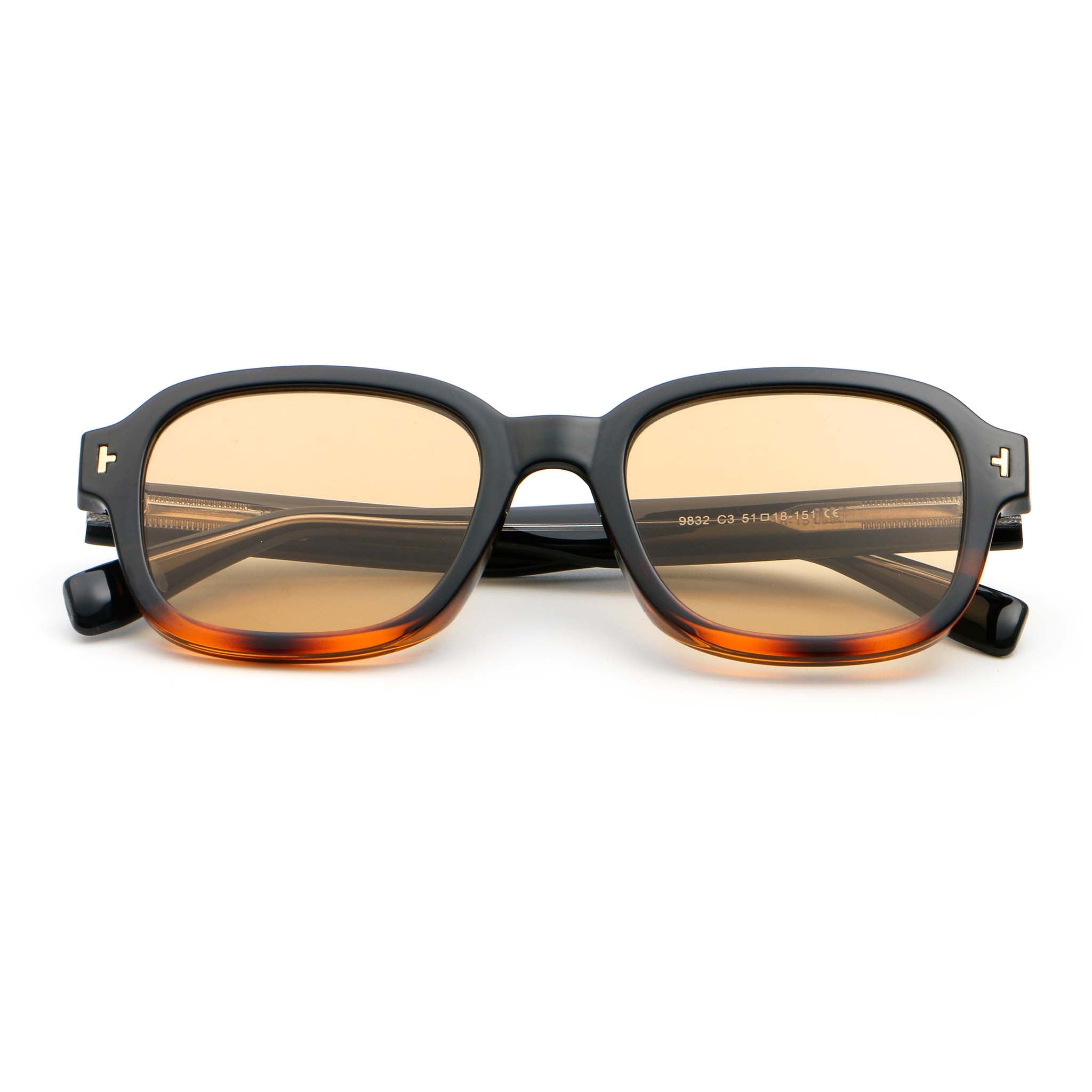 Black and tortoise colour square frame sunglasses with brown lenses on white background.