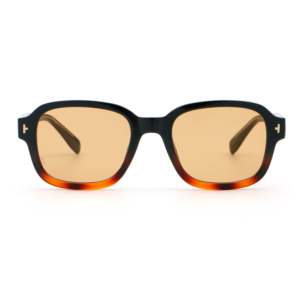A pair of square-shaped sunglasses with a black frame and orange tortoiseshell with brown lenses on white background.