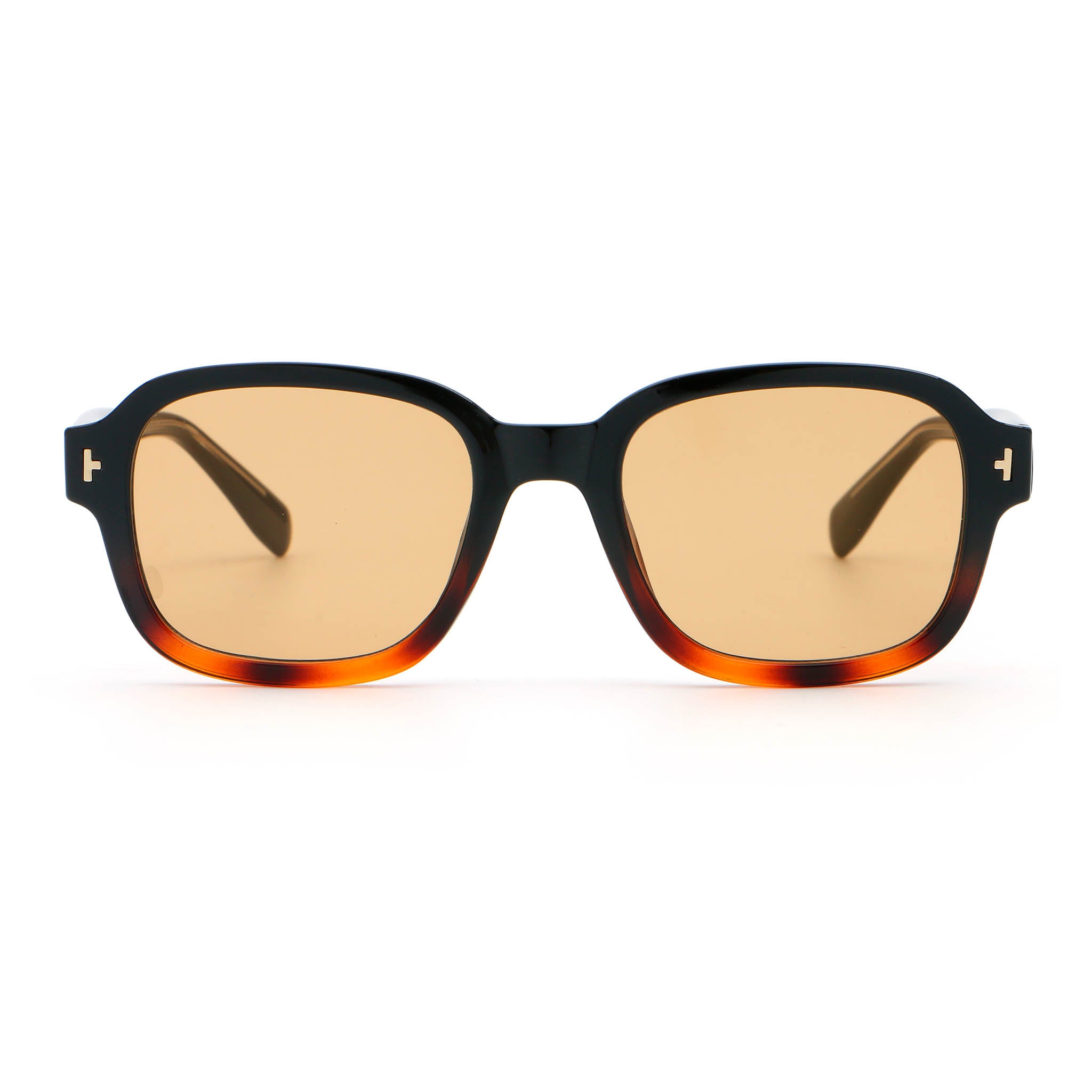 A pair of square-shaped sunglasses with a black frame and orange tortoiseshell with brown lenses on white background.