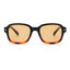 A pair of square-shaped sunglasses with a black frame and orange tortoiseshell with brown lenses on white background.