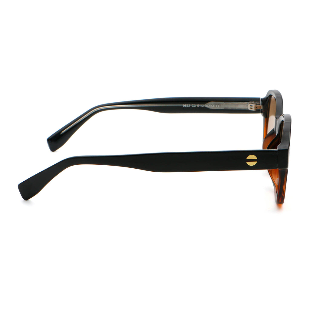 Black and tortoise colour square sunglasses with brown lenses on white background.