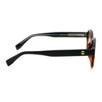 Black and tortoise colour square sunglasses with brown lenses on white background.