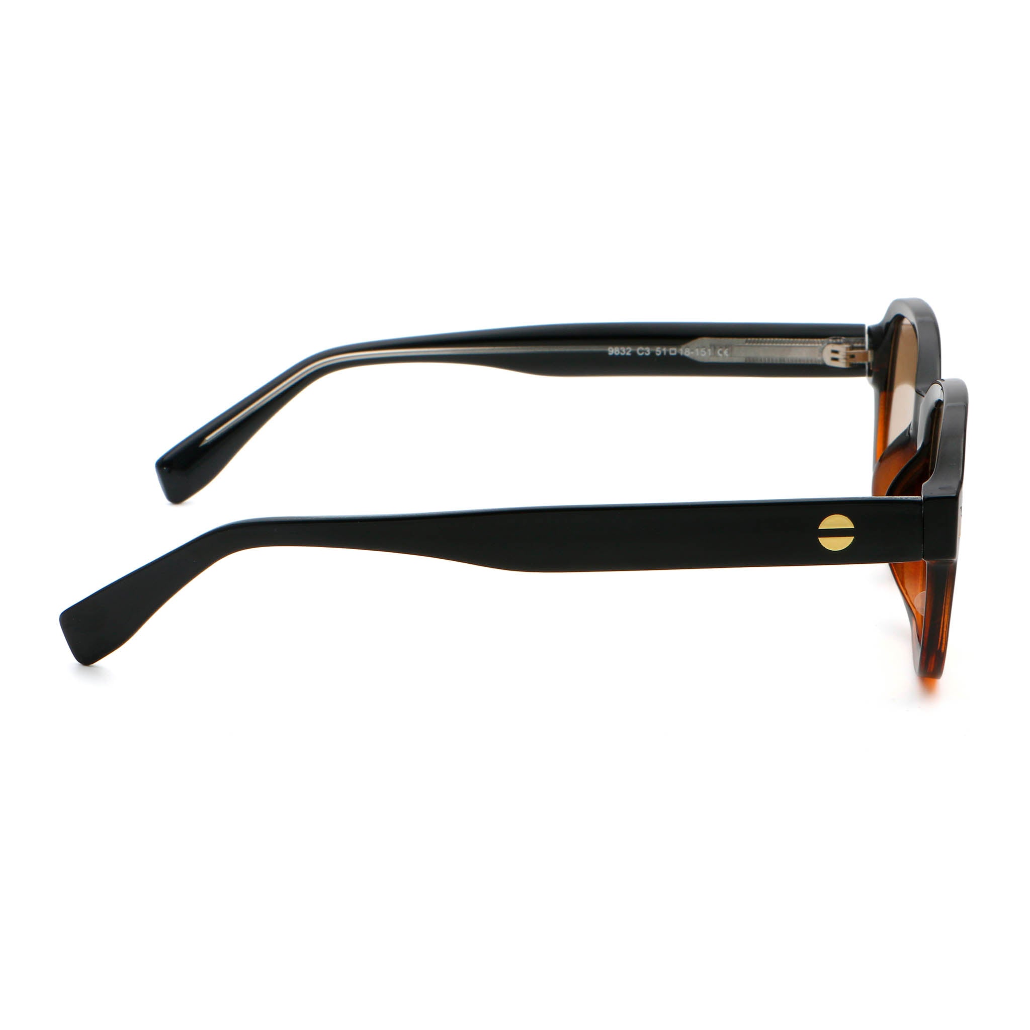 Black and tortoise colour square sunglasses with brown lenses on white background.
