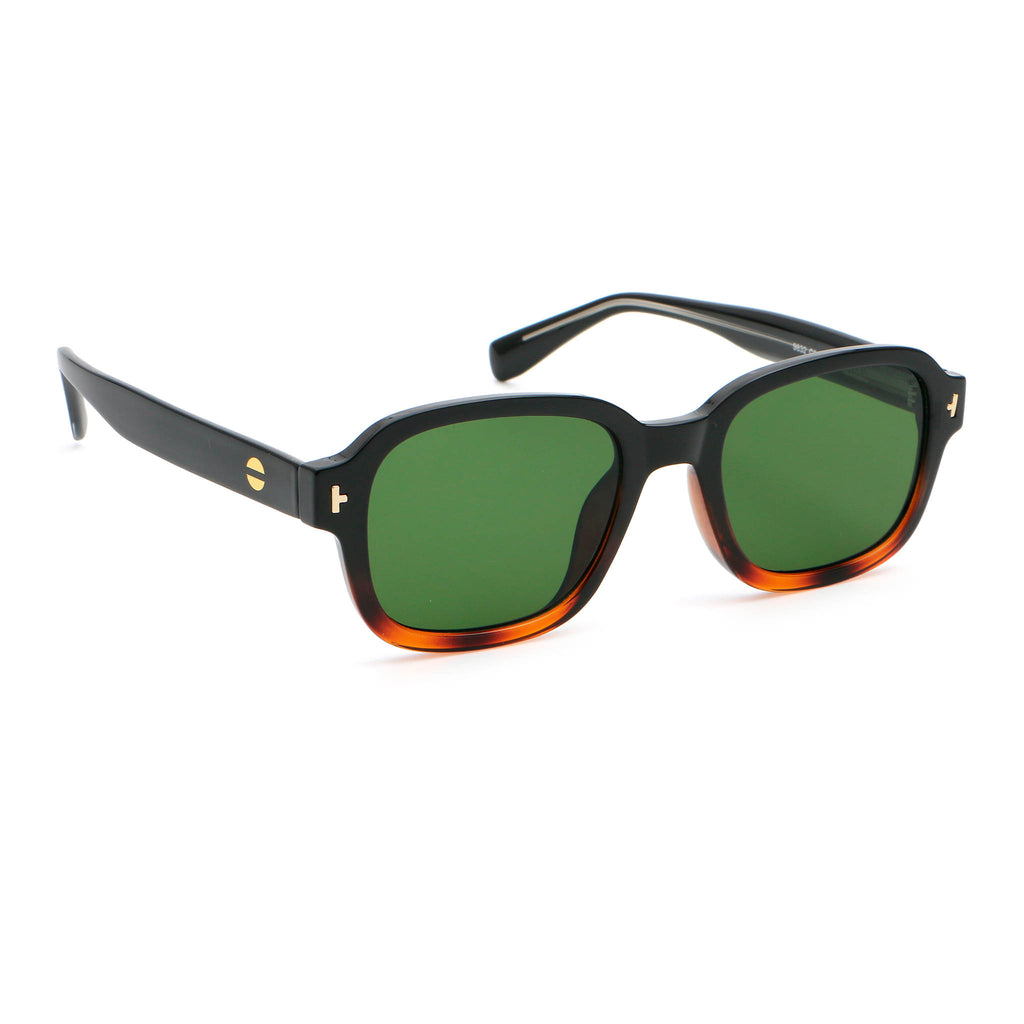 Black and tortoise frame sunglasses with green lenses on white background.