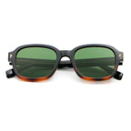 Black and tortoise square frame sunglasses with green lenses on white background.