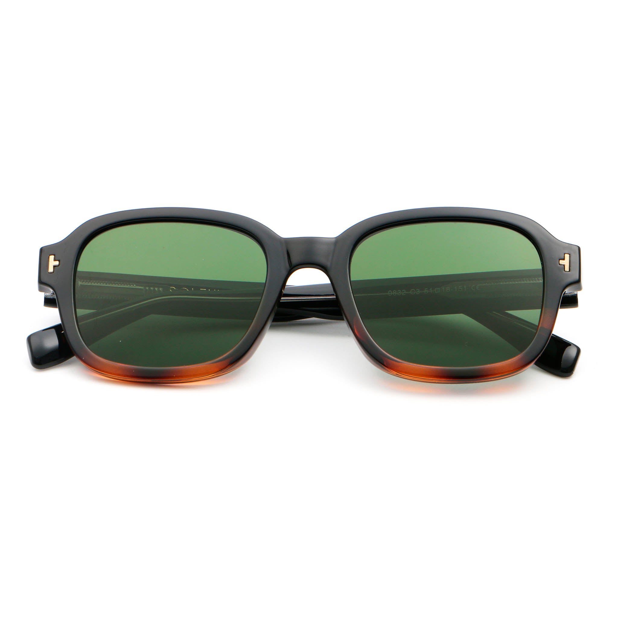 Black and tortoise square frame sunglasses with green lenses on white background.