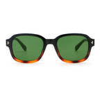 A pair of square-shaped sunglasses with a black and tortoise frame and green lenses on white background.